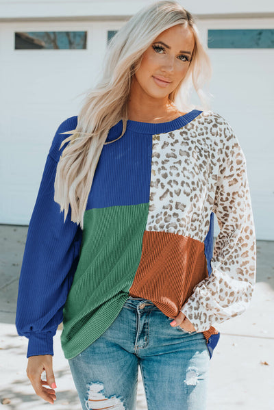 Blue Leopard Patchwork Color Block Ribbed Long Sleeve Top