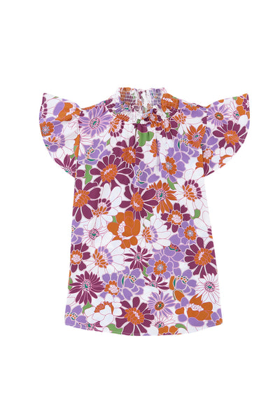 Purple Multicolor Stand Collar Flutter Sleeves Floral Top