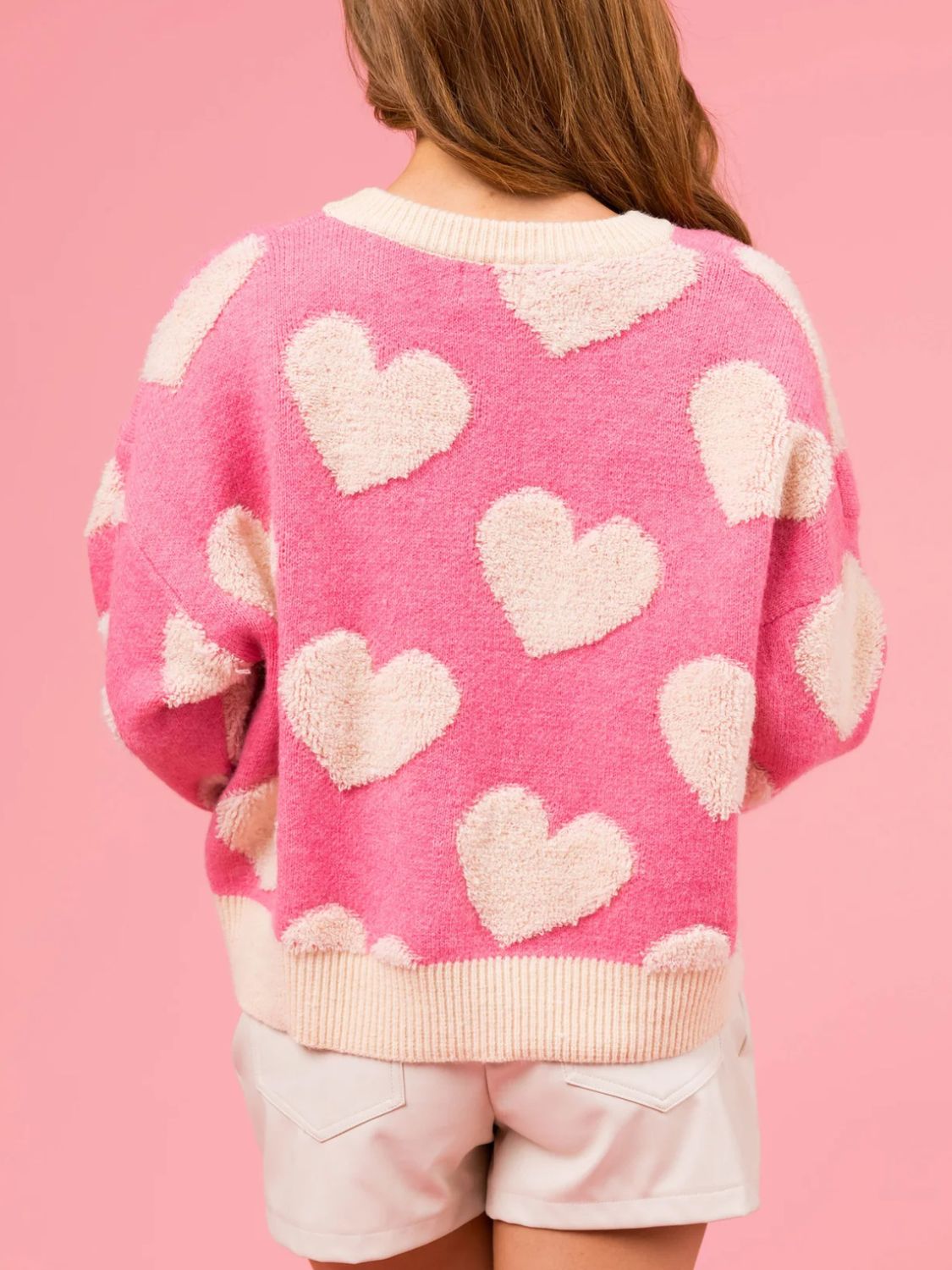 Valentine’s Day Fuzzy Heart Round Neck Long Sleeve Sweater