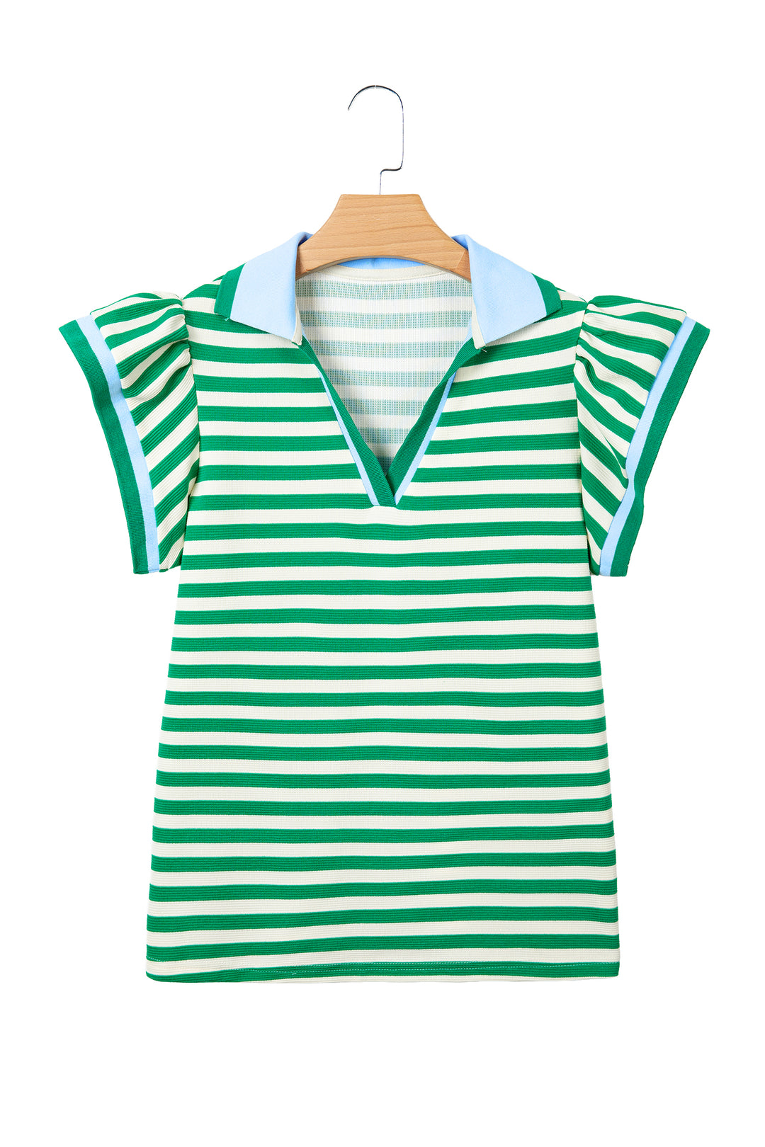Rose Stripe Contrast Trim Polo Collar Ruffled Short Sleeve Blouse