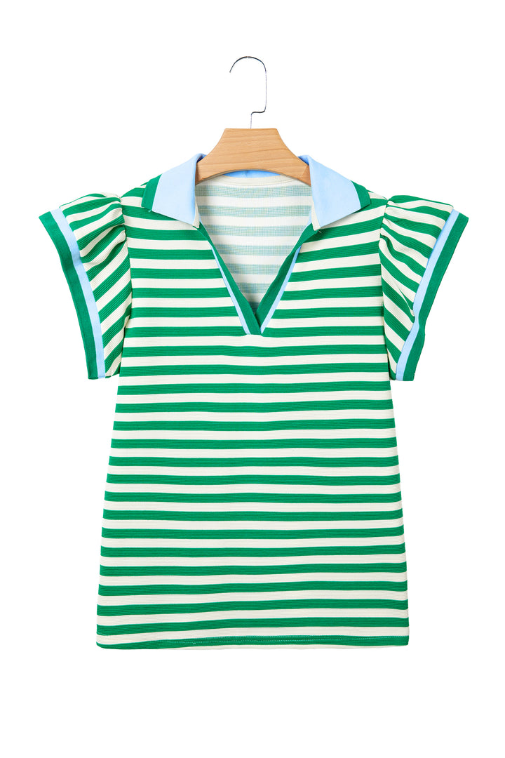 Rose Stripe Contrast Trim Polo Collar Ruffled Short Sleeve Blouse
