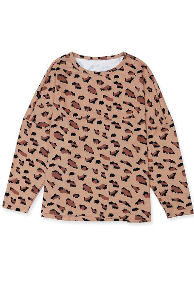 Brown Animal Print Stitching Loose Long Sleeve Top