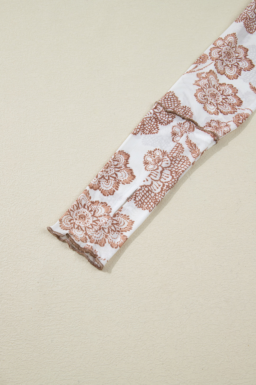 Brown Thumbhole Long Sleeve Floral Print Mesh Top