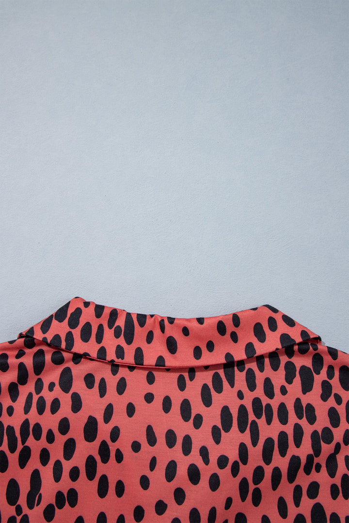 Red Leopard Print Long Sleeve V Neck Plus Size Midi Dress
