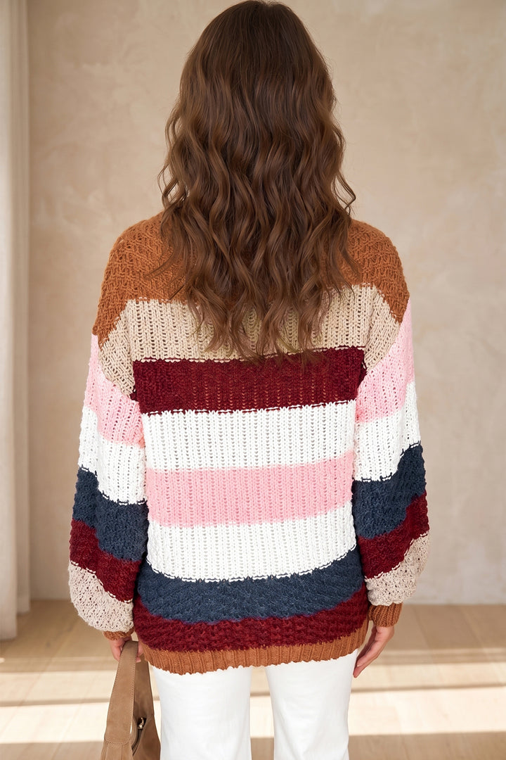 Multicolour Striped Knit Dropped Shoulder Round Neck Pullover Sweater