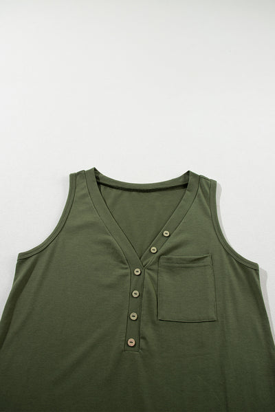 Jungle Green Half Button V Neck Patched Pocket Tank Top