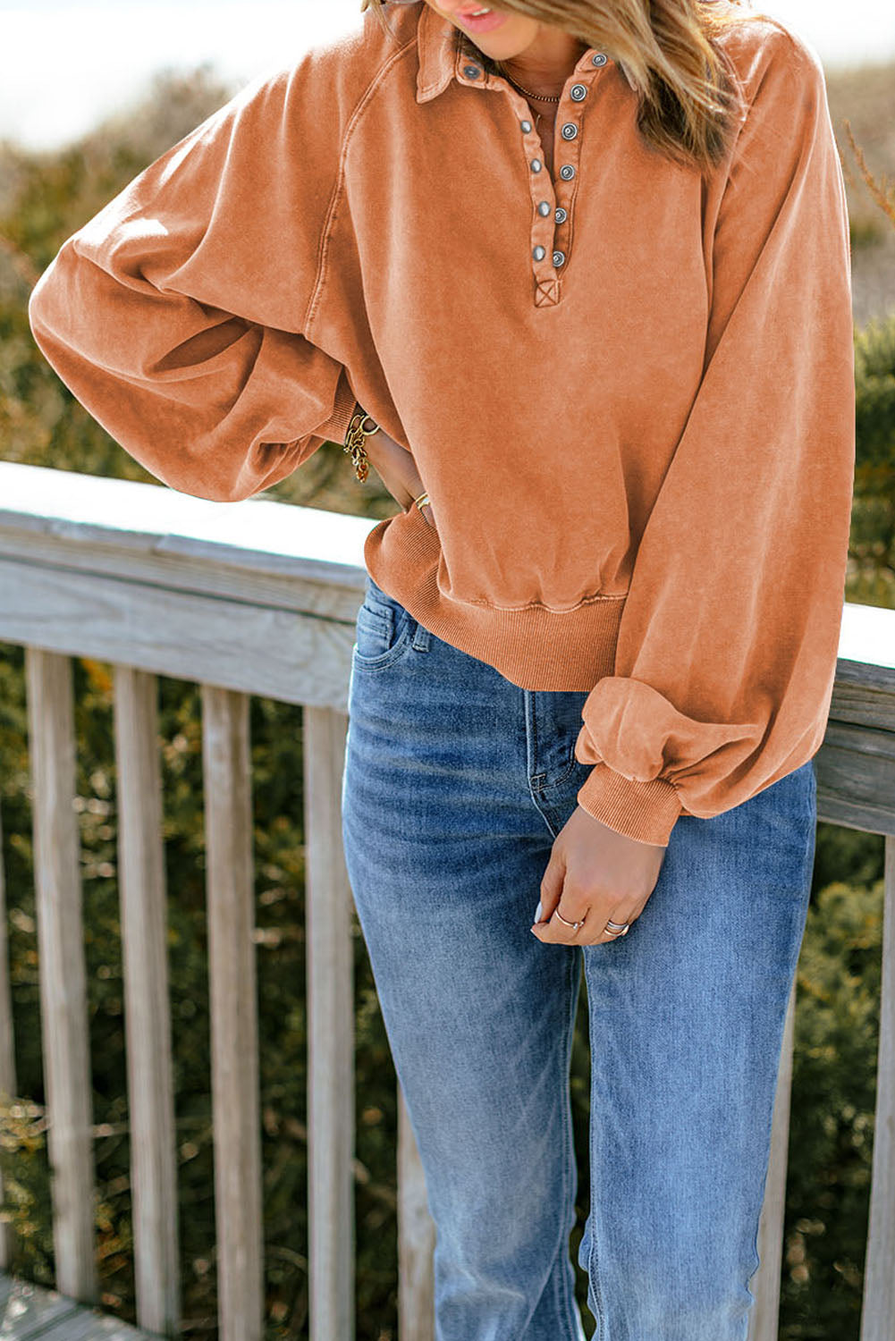 Orange Washed Snap Buttons Lantern Sleeve Pullover Sweatshirt