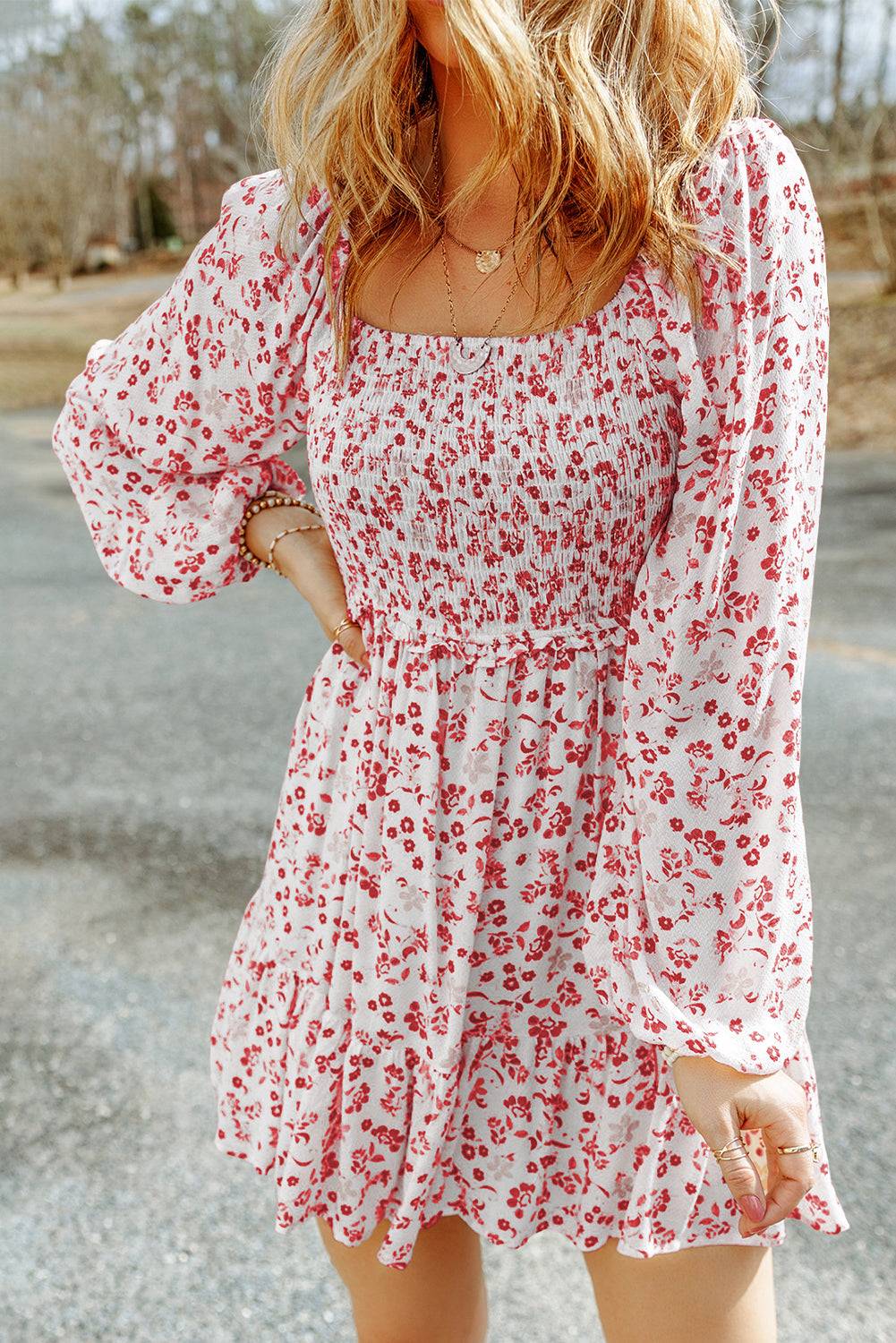 Mineral Red Boho Floral Smocked Puff Sleeve Mini Dress