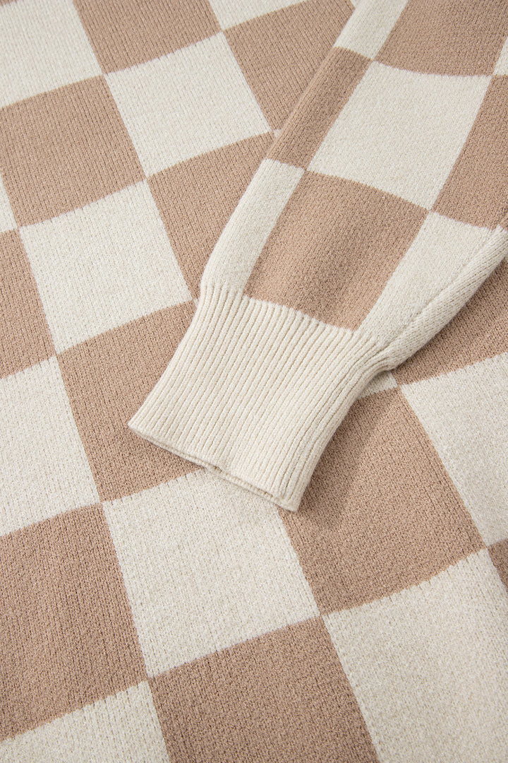 Grapefruit Orange Checkered Pattern Ribbed Trim Knit Baggy Sweater