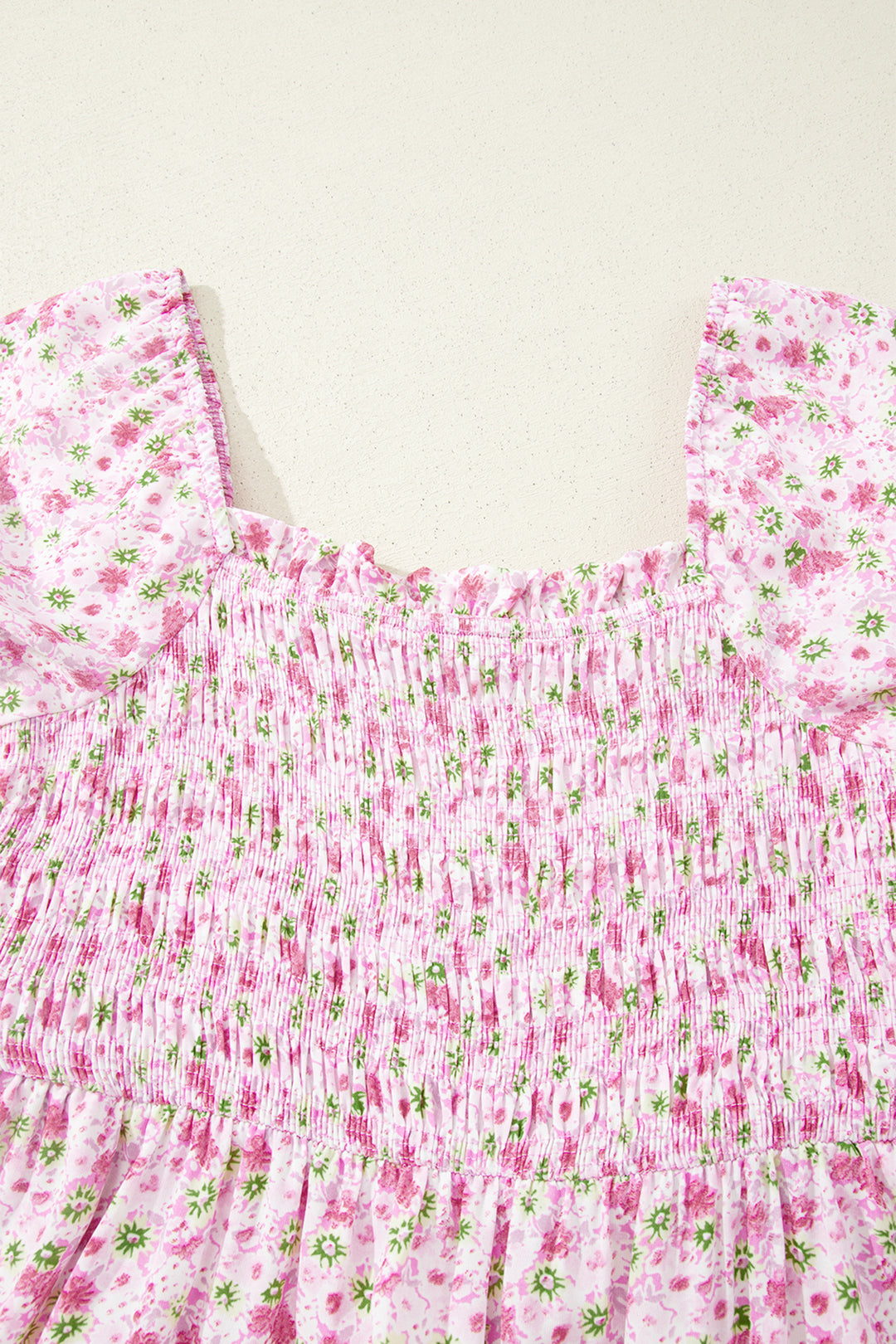 Green Floral Short Bubble Sleeve Shirred High Waist Maxi Dress