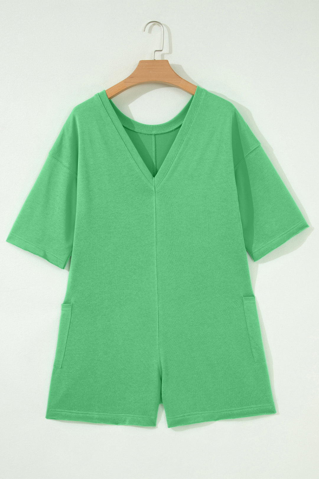 Bright Green Solid Color Raw Edge Half Sleeve Pocketed Loose Romper