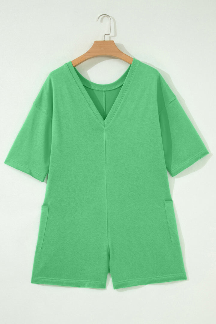 Bright Green Solid Color Raw Edge Half Sleeve Pocketed Loose Romper