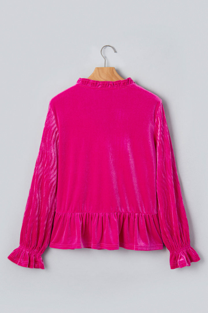 Strawberry Pink V Neck Velvet Ruffled Cuffs Hem Long Sleeve Top