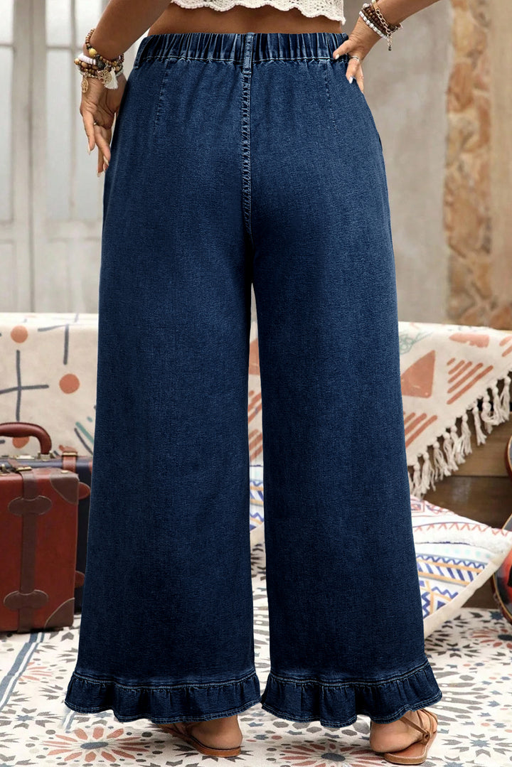 Beau Blue Plus Size Elastic Waist Ruffled Wide Leg Denim Pants