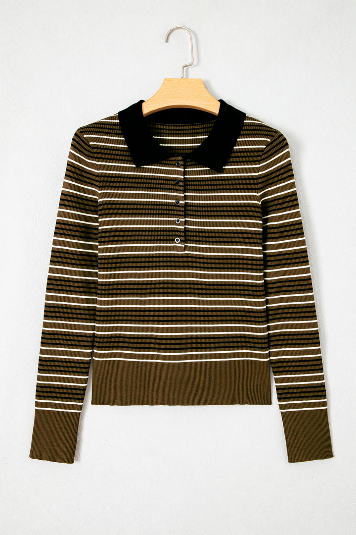 Green Stripe Striped Ribbed Knit Button Collar Sweater