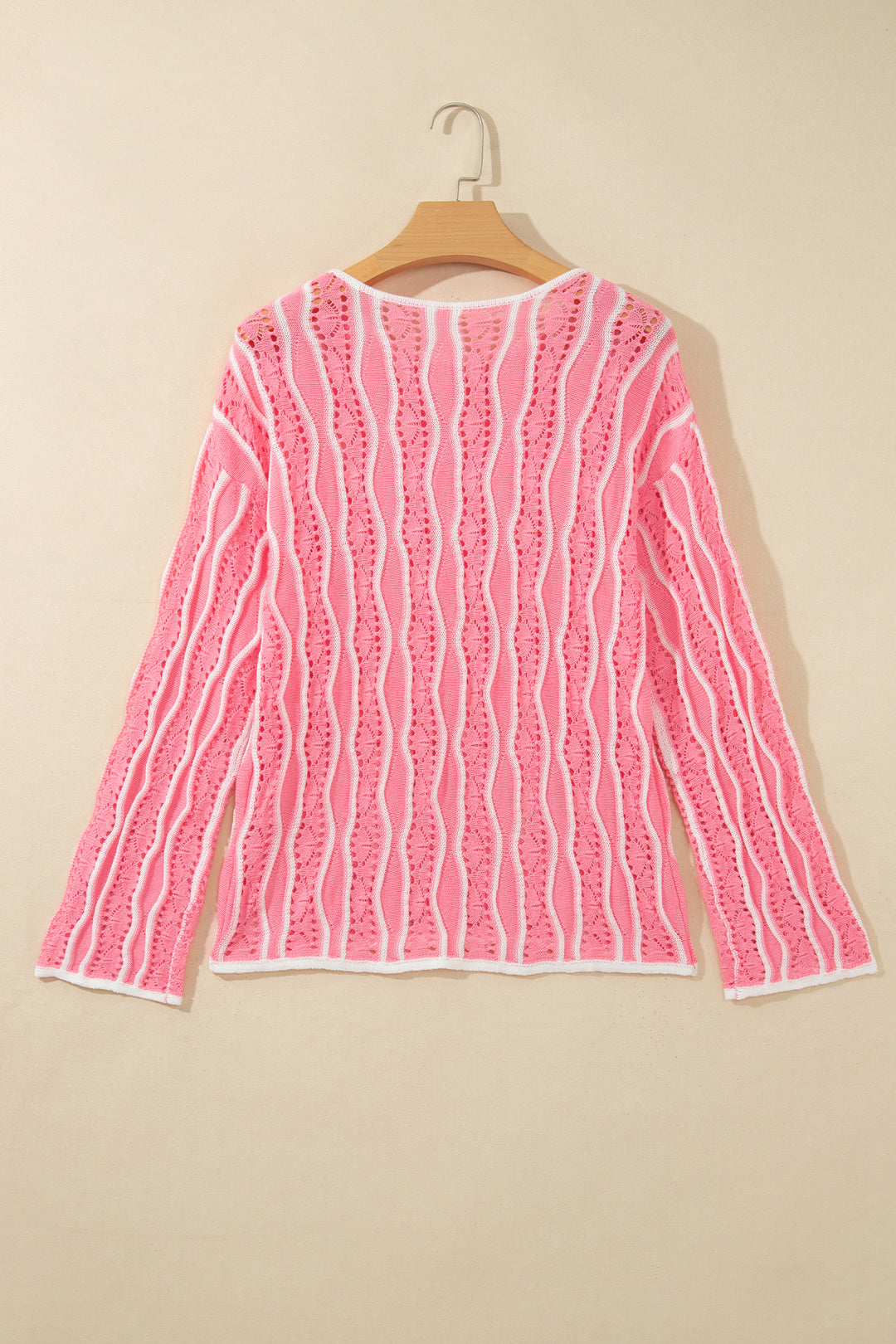 Khaki Wavy Detail Hollow Out Knit Long Sleeve Cotton Pullover Sweater