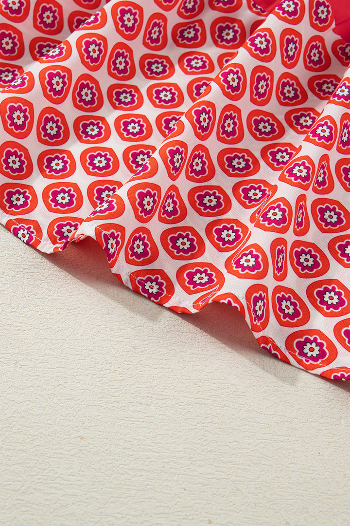 Orange Geometric Floral Print Color Block Trim Button Front Ruffle Hem Dress
