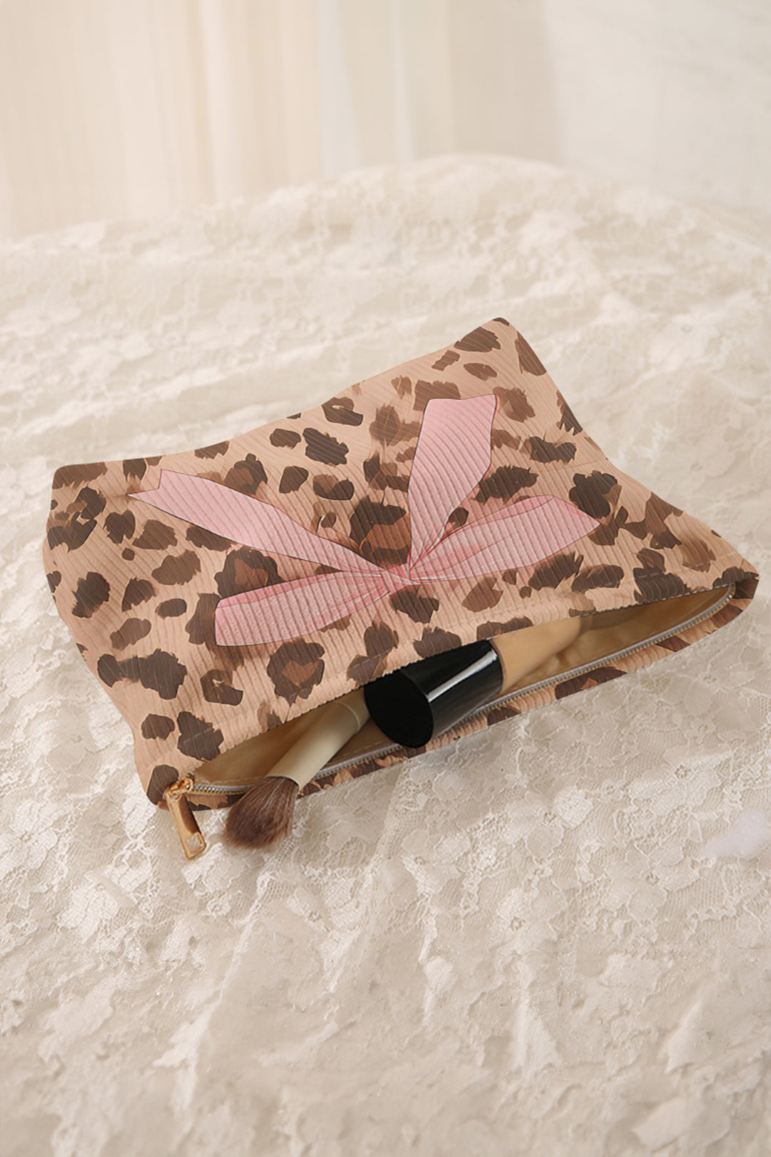 Camel Ribbon Bow Leopard Print Ribbed Cloth Makeup Bag