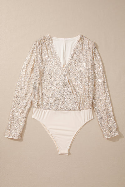 Beige Sequin Long Sleeve Wrap V Neck Bodysuit