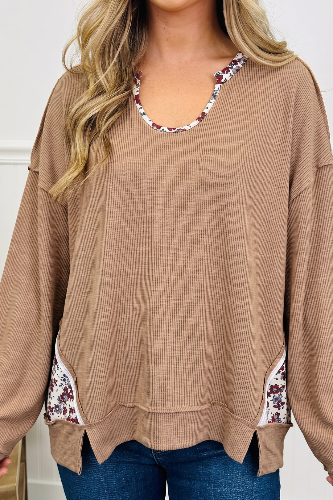 Light French Beige Floral Trim U Neck Long Sleeve Tunic Casual Pullover Top