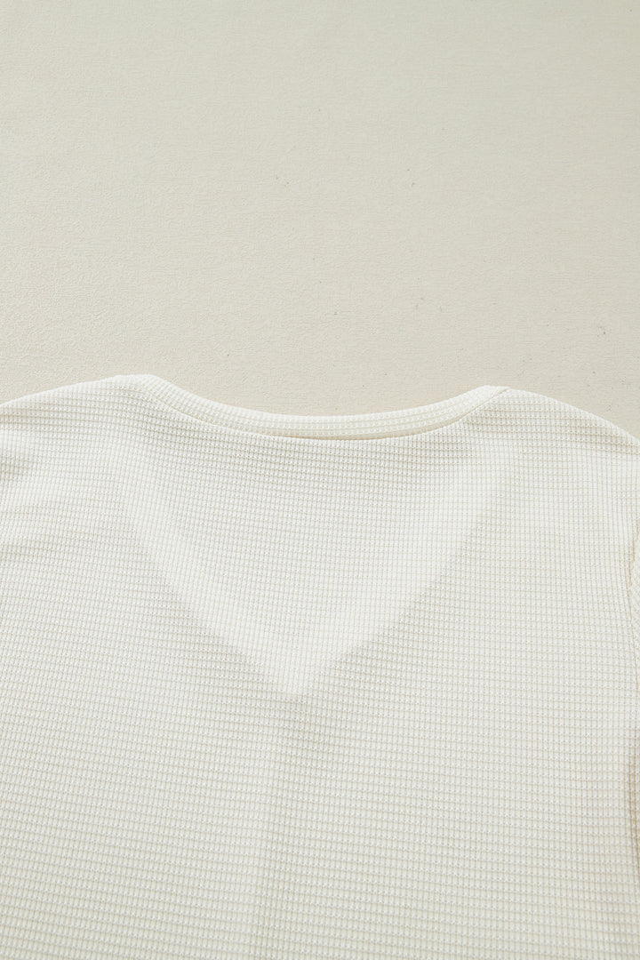 Beige Thermal Knit Lace Ruched Patchwork Long Sleeve V Neck Top