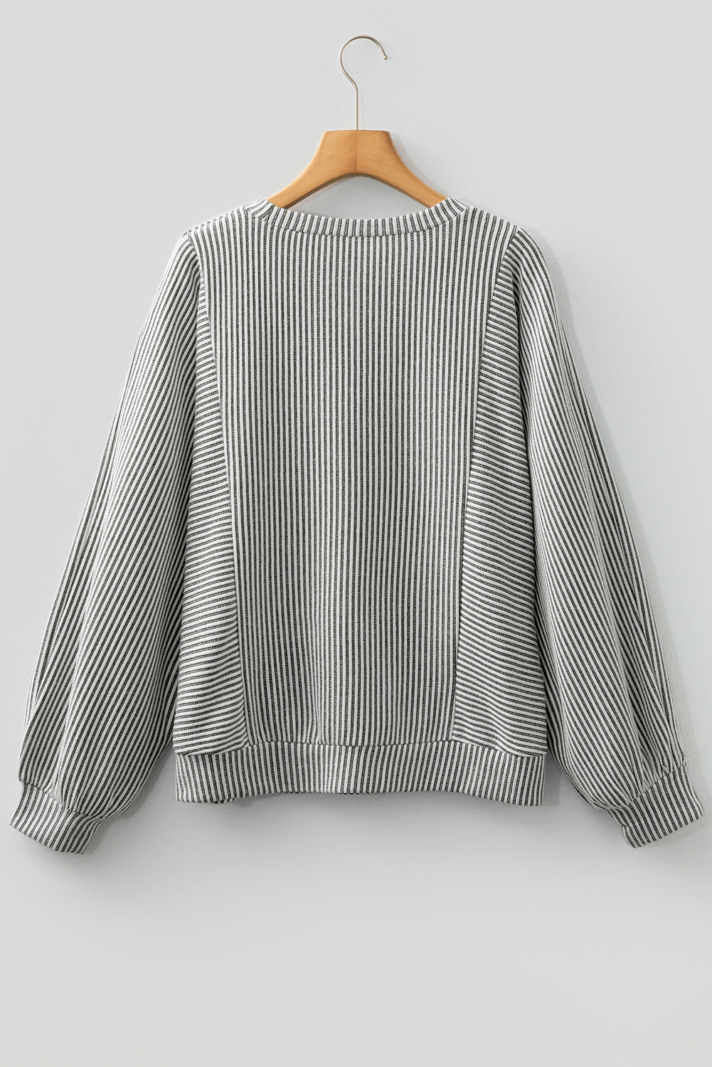 Gray Ribbed Knit Round Neck Long Lantern Sleeve Top