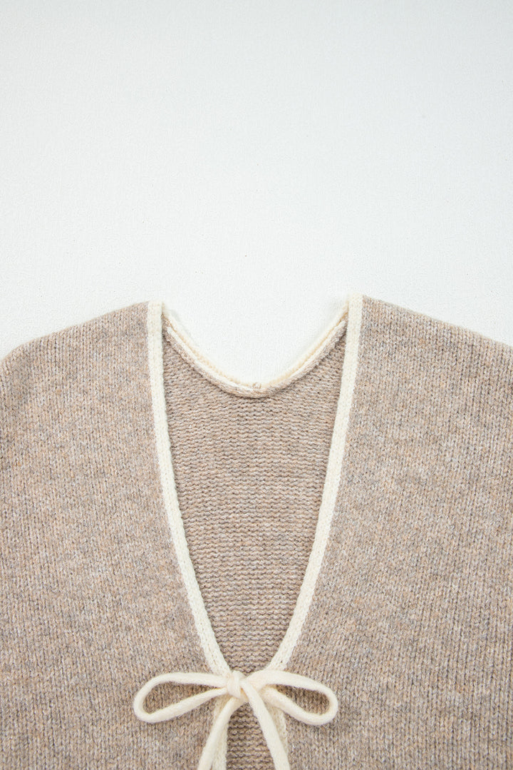 Pale Khaki Tied Front Drop Shoulder Chunky Casual Cardigan