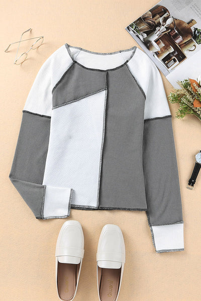 Gray Irregular Color Block Seaming Trim Rib Knit Top