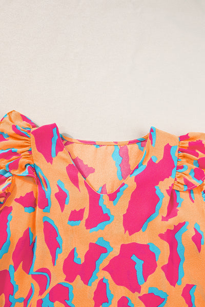 Orange Abstract Print V Neck Ruffled Sleeve Blouse