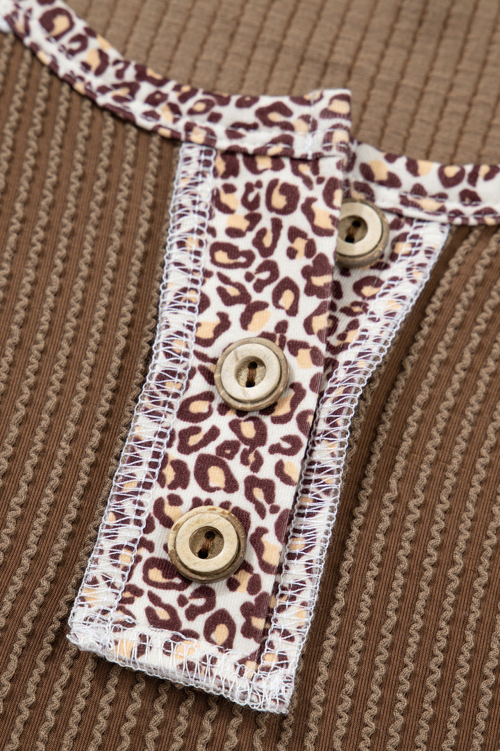 Dark Khaki Twisted Ribbed Leopard Lace Contrast Patchwork Long Sleeve Top