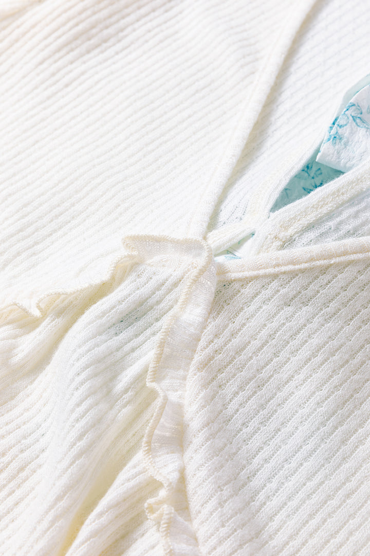 White Textured Knit V Neck Short Bubble Sleeve Peplum Top