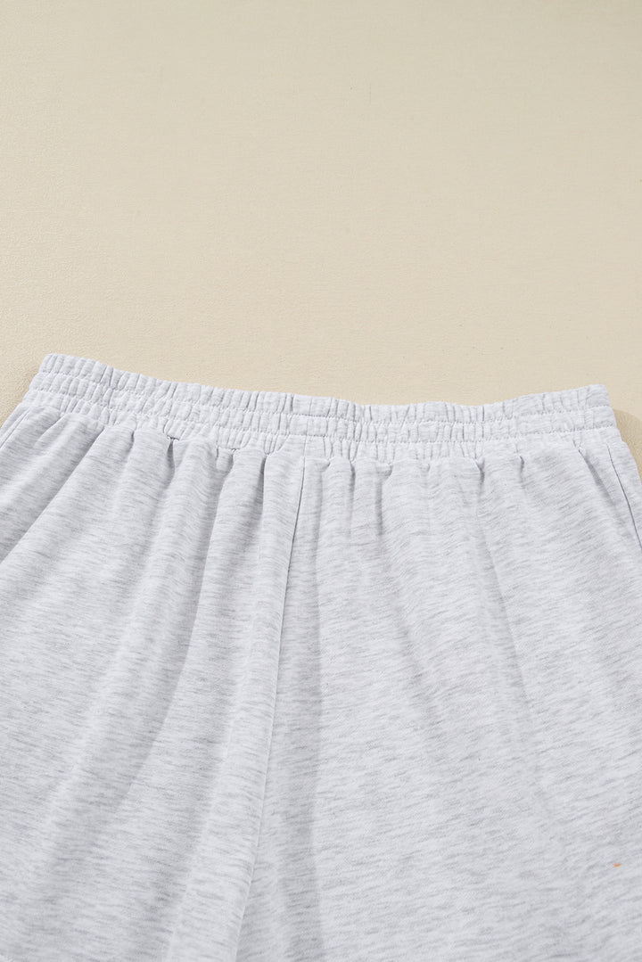 Light Grey Girly Bow Embroidered Puff Sleeve Pullover Loose Shorts Plus 2pcs Outfit