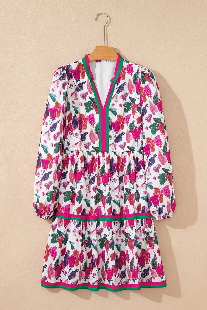 Purple Floral Print Contrast Striped Detail Long Sleeve Mini Dress