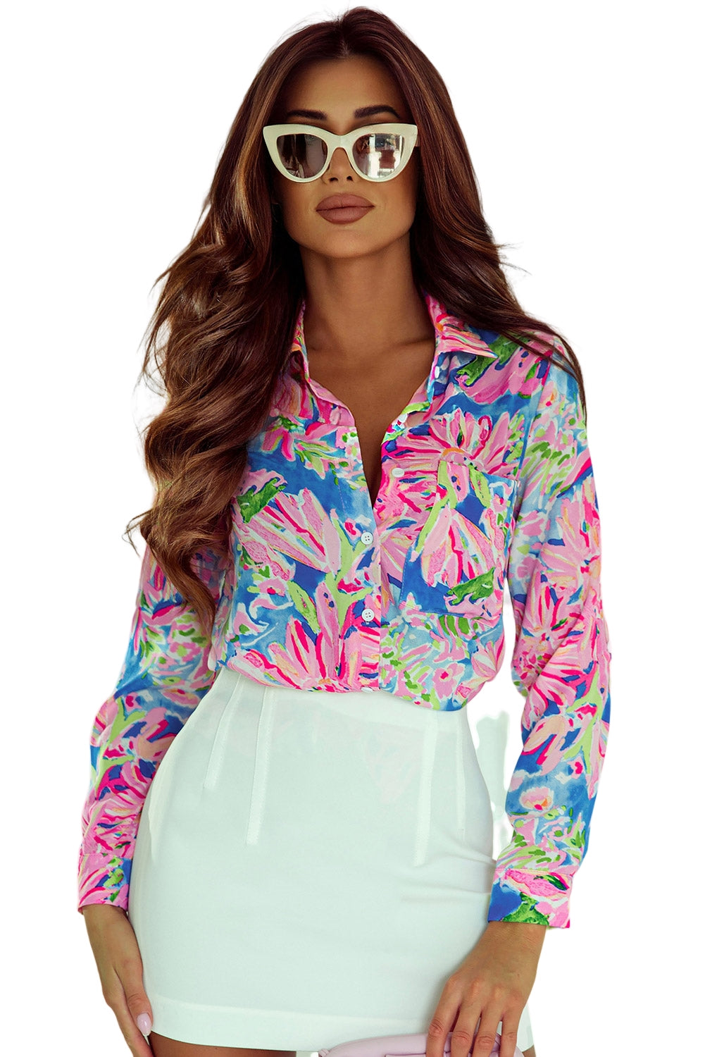 Pink Abstract Floral Print Buttoned Sheath Long Sleeve Shirt