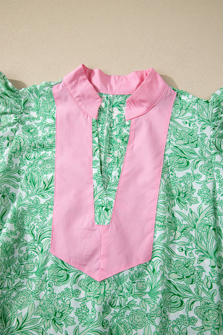 Pink Floral Print Color Block Patchwork V Neck Short Sleeve Midi Dress