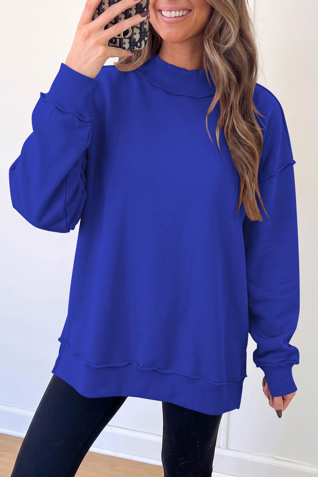 Black Oversize Drop Shoulder Reversible Mock Neck Sweatshirt