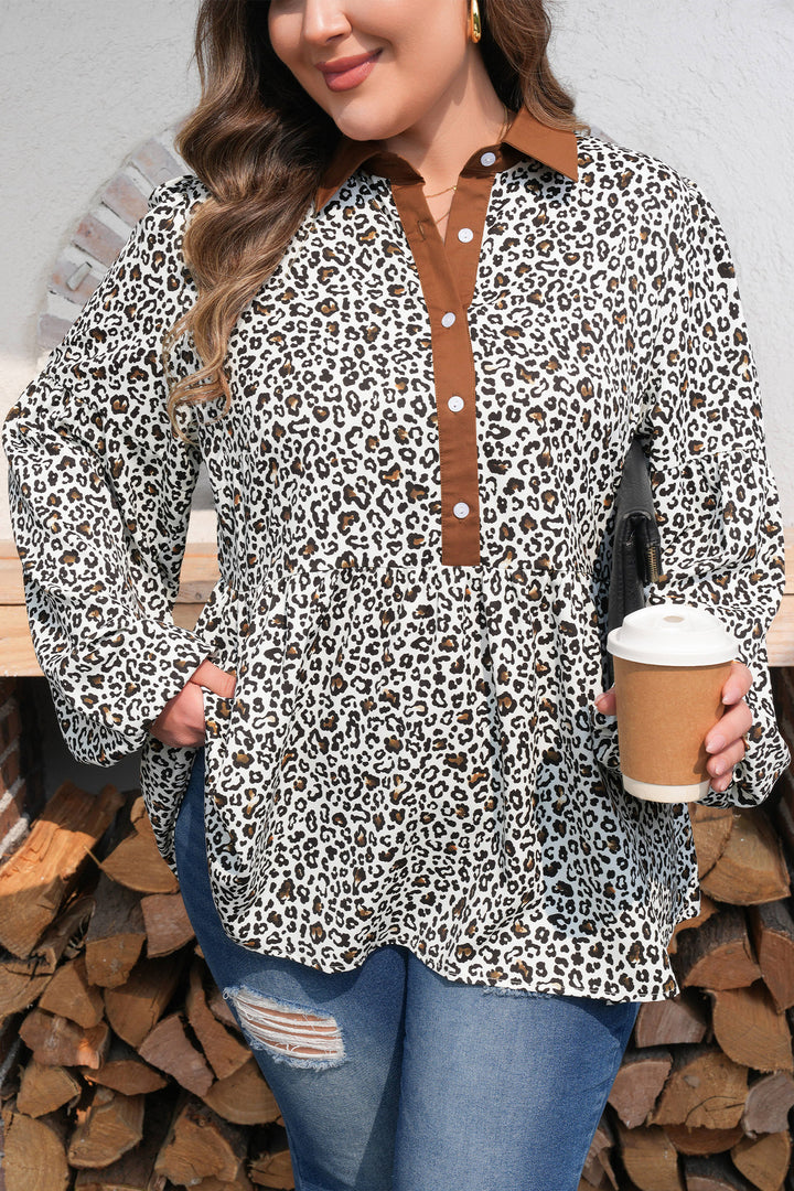 Khaki Plus Size Buttoned Contrast Trim Puff Sleeve Leopard Print Blouse