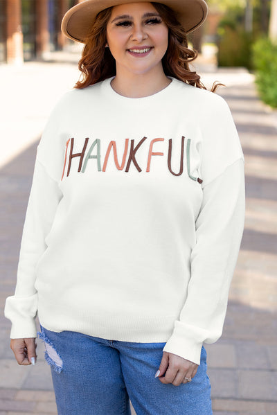 White Plus Size Thankful Ivory Embroidered Sweater