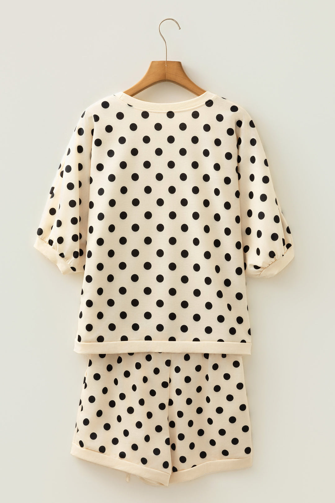 Beige Polka Dot Oversized Top Drawstring Short Set