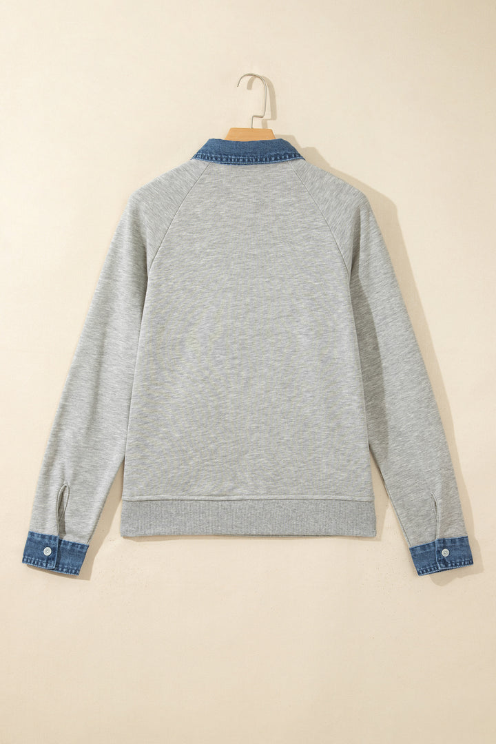 Gray Denim Collar Patchwork Long Sleeve Pullover Top