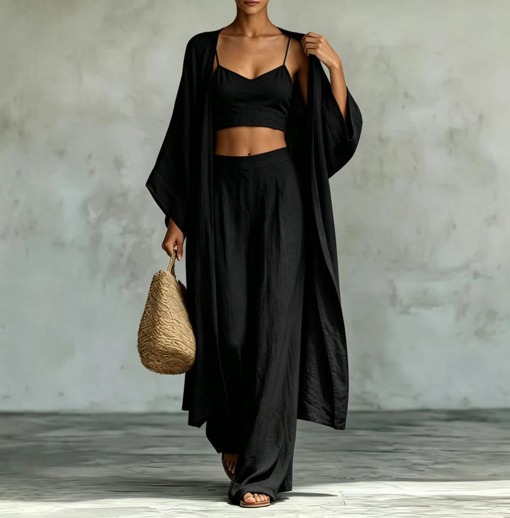 Loose Cardigan &amp; Strap Top High Waist Wide Leg Pants Set – 3-Piece