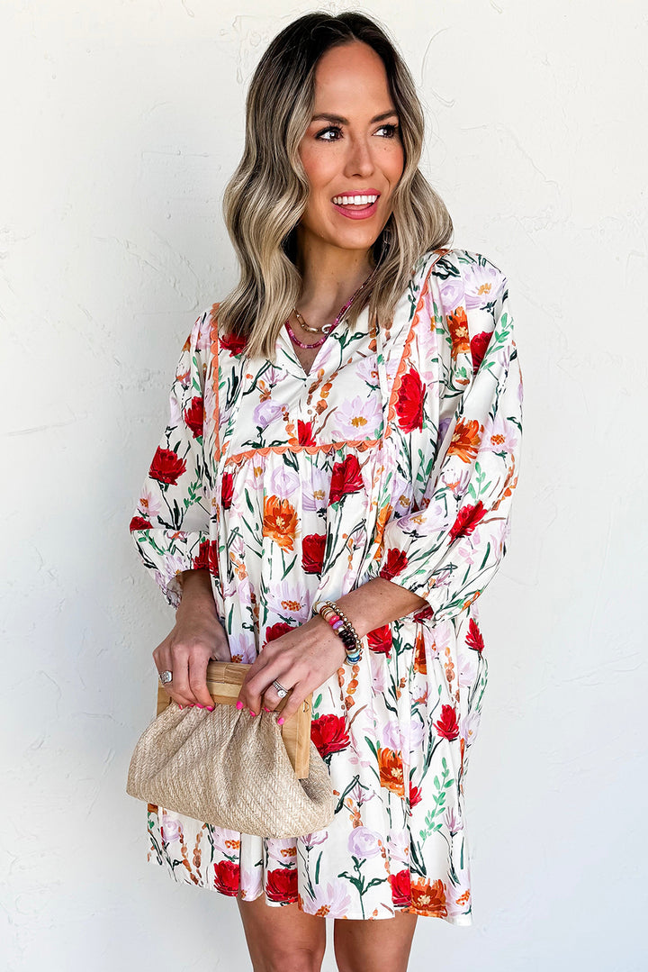 Beige Floral Print 3/4 Puff Sleeve Ricrac Trim Mini Dress