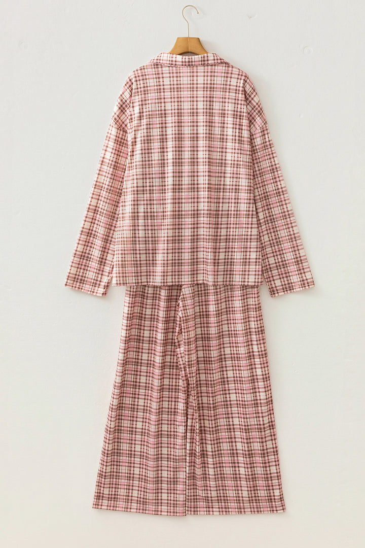Pink Plaid Patch Pockets Long Sleeve Lounge Set