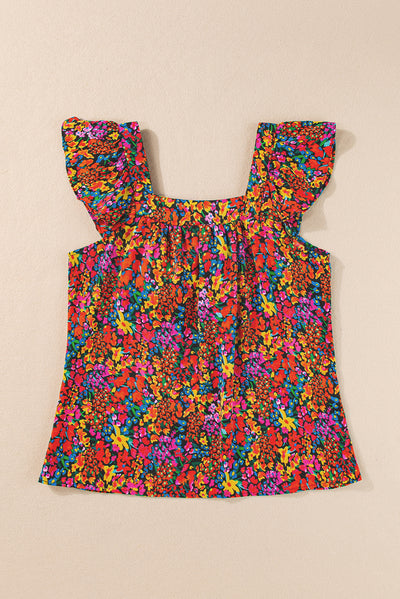 Multicolour Floral Print Cap Sleeve Square Neck Back Knot Blouse