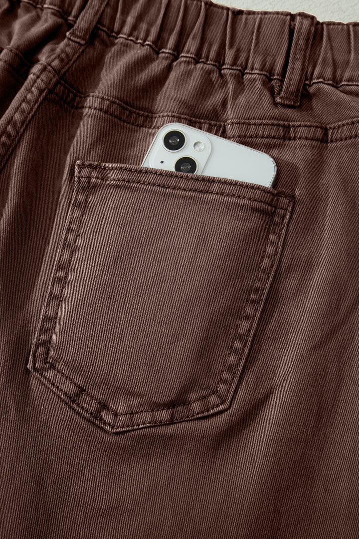 Coffee Solid Color Square Patch Pocket Ankle-length Barrel Jeans