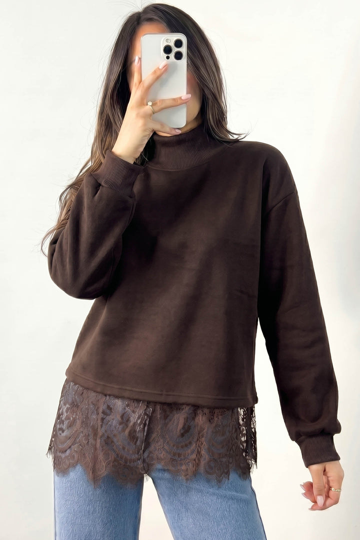 Coffee Solid Color High Neck Lace Splicing Hem Pullover Sweatshirt