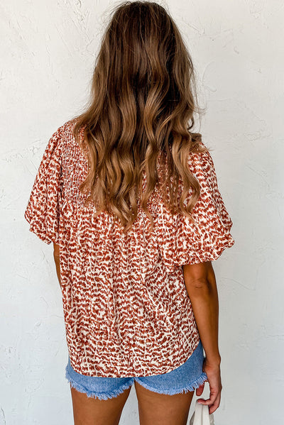 Brown Printed Tie Split Neck Puff Sleeve Blouse