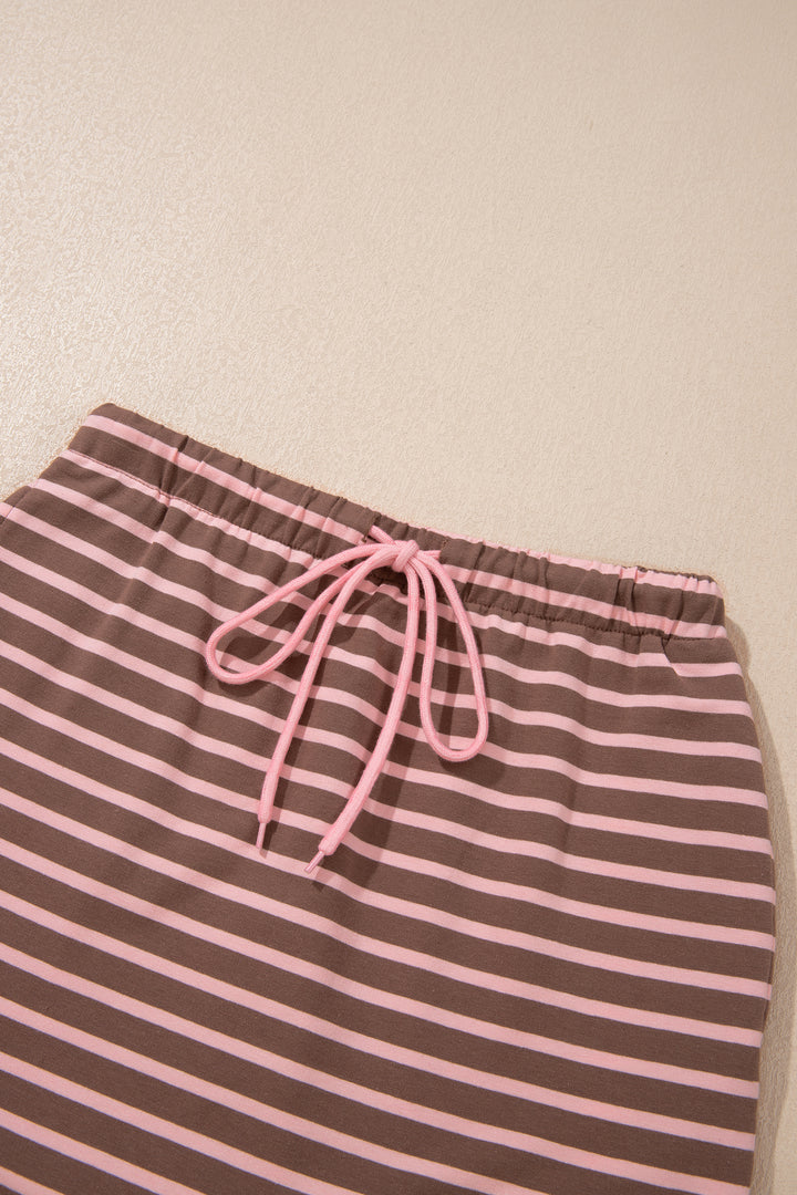 Brown Stripe Striped Drawstring Waist Long Sleeve Top Mini Skort Set