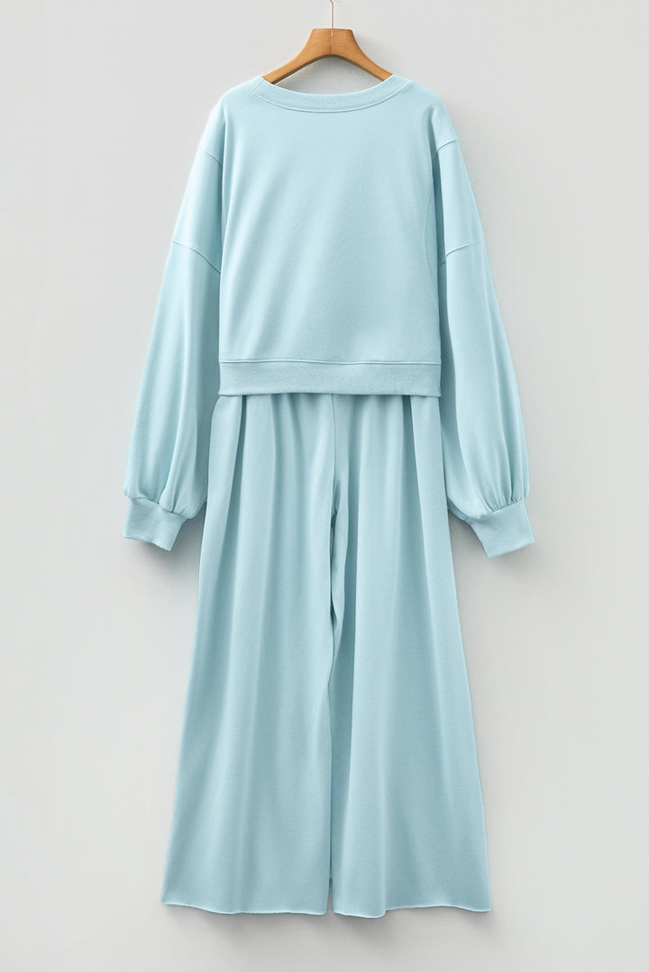 Mist Blue Drop Shoulder Puff Sleeve Crop Pullover Drawstring Wide Leg Pants Set