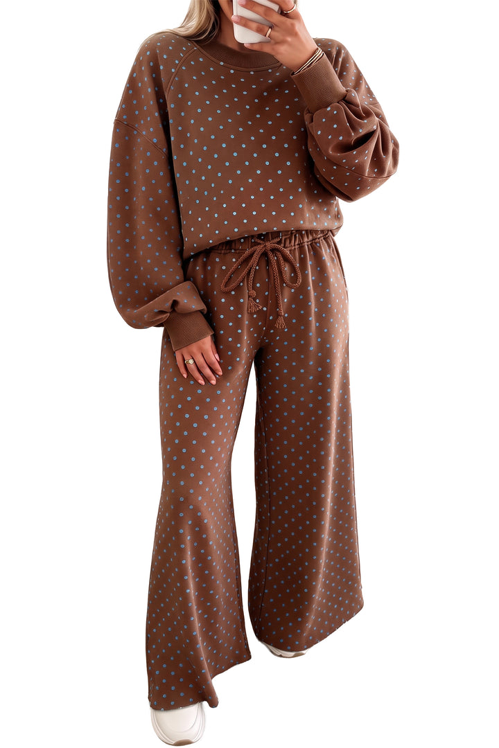 Red Polka Dot Drawstring Wide Leg Long Sleeve Top Pant Set